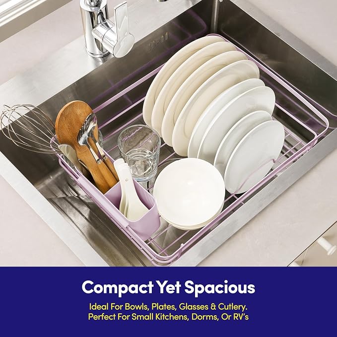 Dish Drying Rack 3 Piece Dish Drainer with Drainboard Set for Kitchen Counter – Dish Rack with Removable Utensil Holder & Swivel Spout for Countertop – DishRack for Plates, Cups & More, Pale Pink