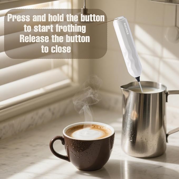 RAYONNER Milk Frother Coffee Frother Foam Maker 2Pack White with Stand | Fast Powerful Drink Mixer, Stainless Steel Whisk, For Coffee, Latte, Matcha