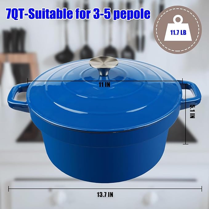 7QT Dutch Oven Pot With Lid, Enameled Cast Iron Dutch Ovens for Sourdough Bread Baking, Non-Stick Ceramic Dutch Oven Cooking Pot, Oven Safe, Blue (10 Pcs Bread Paper Liners)