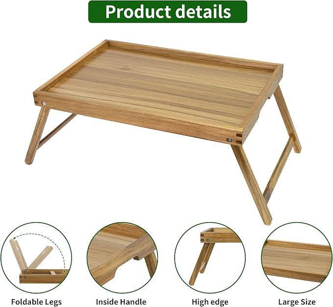 VaeFae Acacia Bed Table Tray, Wooden Breakfast Tray with Folding Legs, Bed Tray for Eating and Laptop, Eating Trays for Bedroom (Extra Large Size)