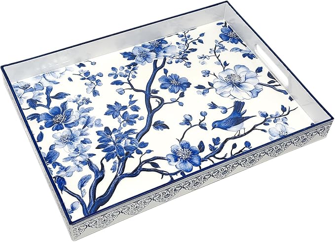 Serving Tray with Handles, 15.7 * 11.8 inches, Plastic Ottoman Tray with Exquisite Paintings, Trays for Coffee Table