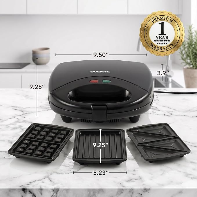 OVENTE Electric Sandwich, Panini and Waffle Maker Set, Black GPI202B | 3 Removable Non-Stick Plates, 750 Watts, Perfect for Grilled Cheese, Tuna Melts, Burgers, Steaks and Snacks