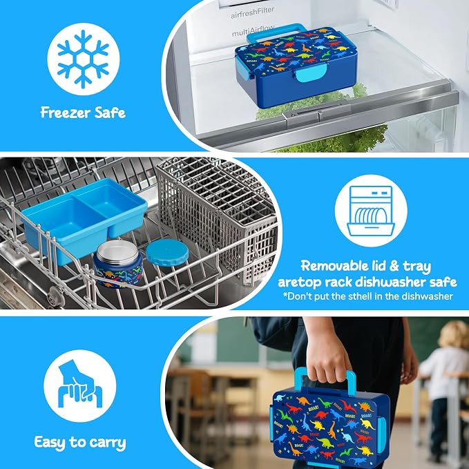 Dinosaur Bento Lunch Box for Kids – 12 oz Stainless‑Steel Soup& 3‑Compartment Leak‑Proof Food Container with Built‑In Ice Pack, Insulated Food Jar for Boys & Girls, School & Travel