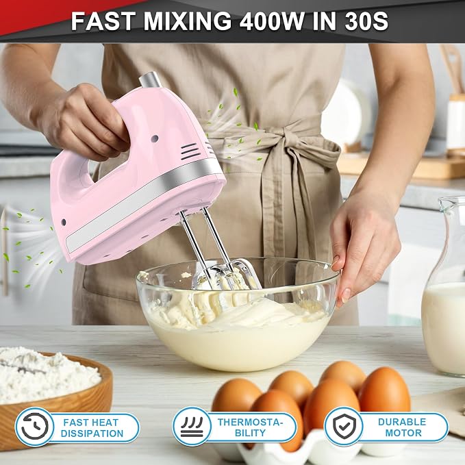 Lord Eagle Hand Mixer Electric Handheld 400W,5-Speed, Lightweight, Pink | Kitchen Mixer with Storage Case, 5 Stainless Steel Attachments for Baking Cake Egg Cream Food Beater, Turbo+Eject Button