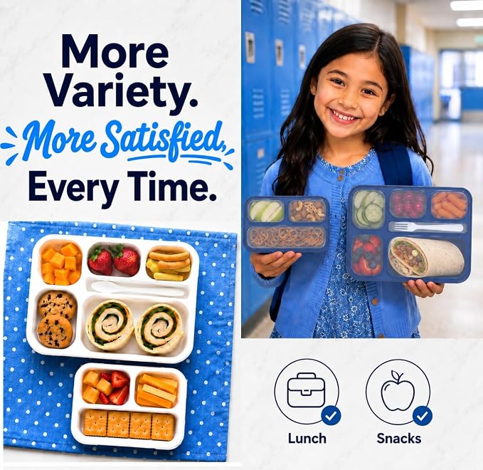 Bento Lunch Box and Snack Container Value Set| Meal Planning Portion Containers for Kids or Adults, School or Work | BPA Free | Microwave Safe | Utensils | 4 Pack, Large and Mini, Blue + Navy