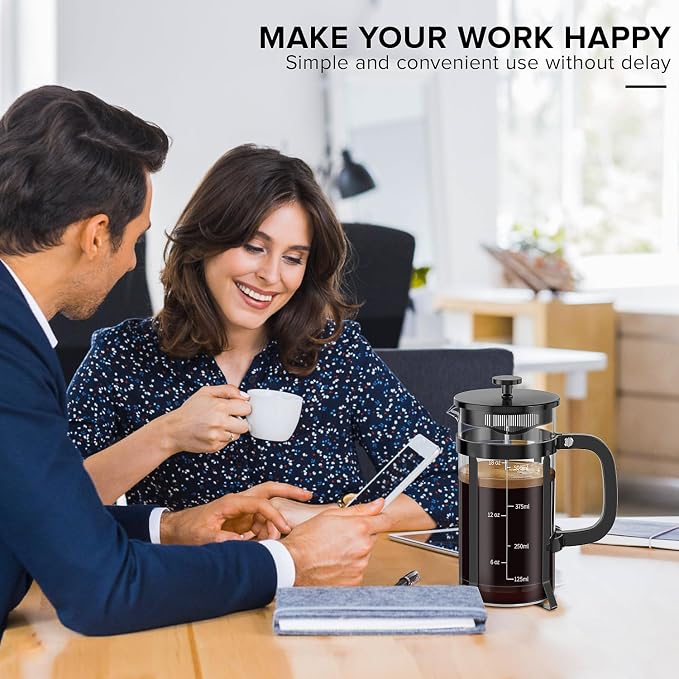 QUQIYSO French Press Coffee Maker 21oz,Borosilicate Glass Coffee Press | Thickened Glass Stainless Steel Coffee French Press,Easy to Clean,4 Filter Suitable for Kitchen Party Camping Gifts(Black)