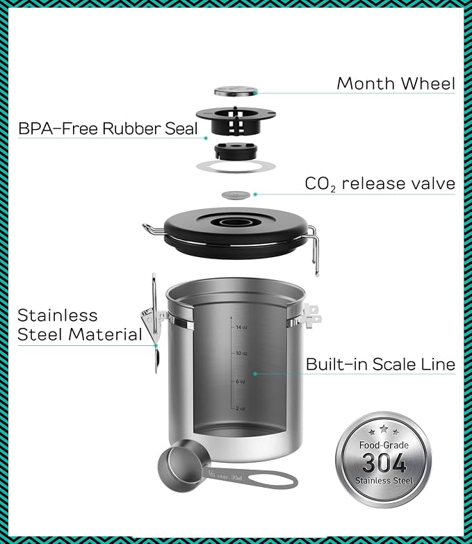 Coffee Gator Coffee Canister, 16oz Airtight Stainless Steel Kitchen Food Storage Container with Date Tracker, Scoop for Sugar,Grounds Coffee, Beans,Tea, Sugar, Cereal, Flour, Cookies Jars - Silver