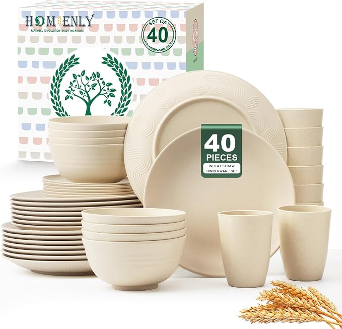 40 PCS Dinnerware Set Service for 8, Kitchen Wheat Straw Dinnerware Set Unbreakable - Plates Set, Bowls Set,Cups Set, Microwave and Dishwasher Safe Dish Set for Dinner, Outdoor(Beige)