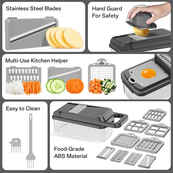 HomeHacks Veggie Chopper Vegetable Cutter, 15 in 1 Kitchen Gadget, Grey | Dicer, Slicer, Cutter, Slap Chop, Cheese Grater & Egg Separator - Multi-Functional Salad Fruit Onion Chopper with Container
