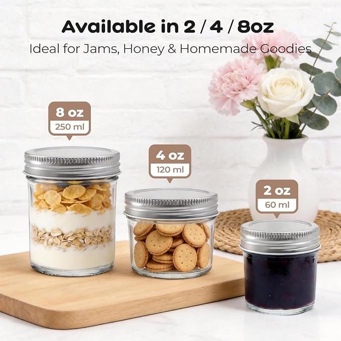 24 Pack 2 oz Mini Mason Jars Bulk Set, Small Glass Jars with Lids | One-piece airtight lids with inner seals; for ginger shots, honey, sauces, spices and wedding favors; labels, twine & tags.