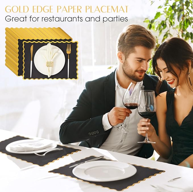 FoldTier 150 Pcs Disposable Paper Placemats Bulk 10"x14" Rectangle Place Mats with Scalloped Edges Dining Table Mat for Wedding Birthday Party Table Decoration(Black)