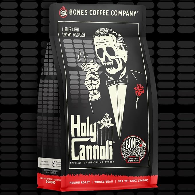Bones Coffee Company Holy Cannoli, Baked Cannoli Flavored Coffee, Medium Roast Low Acid Arabica Beans Compatible with Auto drip and French Press Coffee Maker, 12 Oz Ground