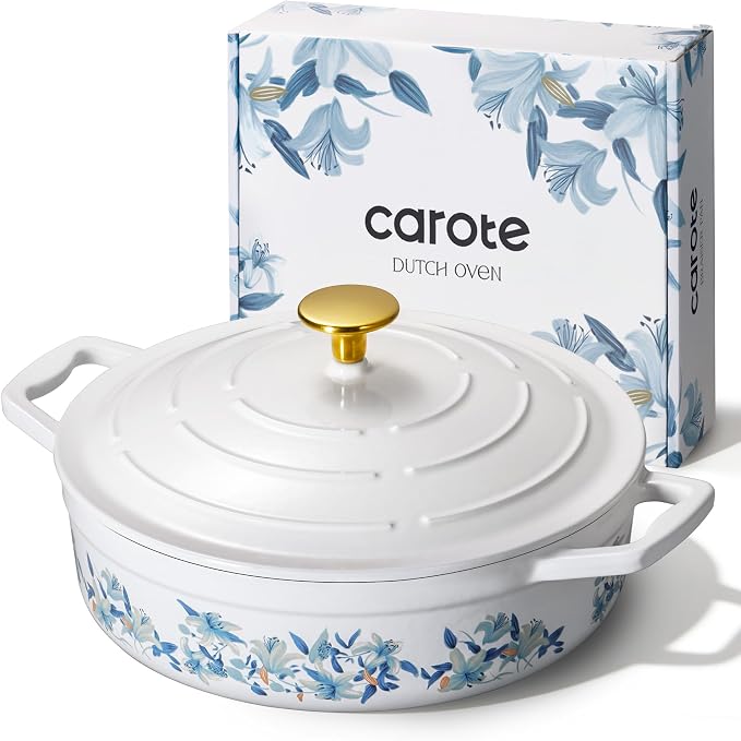 CAROTE 3.5QT Enameled Cast Iron Braiser Pan, Shallow Floral Dutch Oven Casserole Skillets, Non-Toxic Cast Iron Pot with Lid for Baking, Dual Handles, All Stovetop Compatible, White & Blue