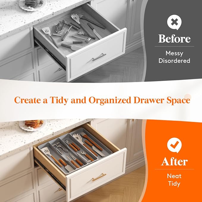 Lifewit Utensil Organizer for Kitchen Drawer, Expandable Cooking Tray | Adjustable Cutlery Flatware Holder, Plastic Silverware Spatula Tools Storage Divider, 11.9-17.3 x 15.8", Gray