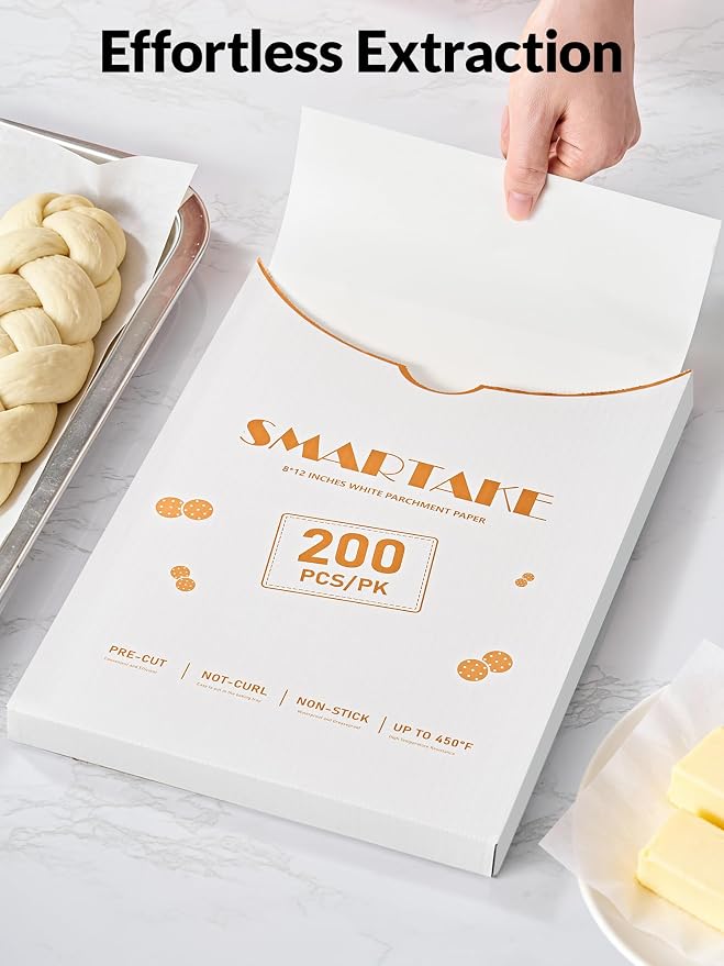 SMARTAKE 200 Pcs White Parchment Paper Sheets, 8x12 Inches, Non-Stick | Pre-Cut Greaseproof Baking Paper, Pure Wood Pulp, Oven Safe up to 450°F, for Cooking, Grilling, Frying, Steaming, Wrapping