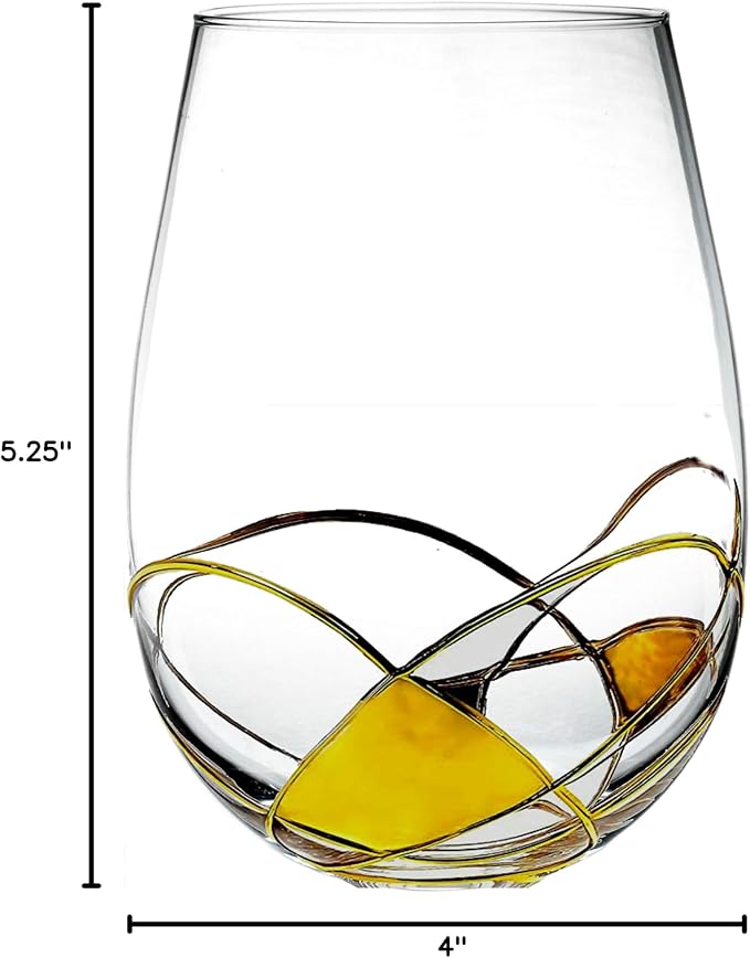 Bezrat Stemless Wine Glasses Set of Two | Hand Painted Large Premium Red and White Wine glasses | Lead-Free Crystal | Essential Wine Gift | 18 Ounces (Gold)