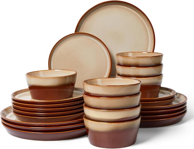 Dinnerware Set for 8, Ceramic Dish Sets, Plate and Bowl Set, Microwave & Dishwasher Safe Dishware Set, Chip & Scratch Resistant Dinner Set, One-of-a-Kind Design, Amber Brown