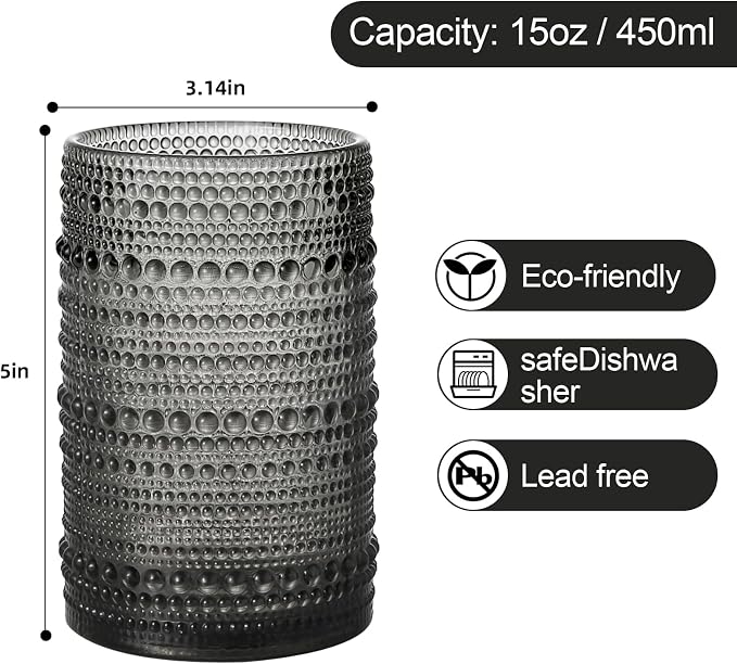 ZMOWIPDL Drinking Glasses Set of 6,15 oz Grey Hobnail Glass Cups | Vintage Glassware，Embossed Water Tumbler,for Beer,Cocktail,Whiskey,Juice and Various Mixed Drinks- 1 Cleaning Brush