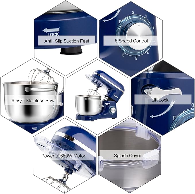 Aucma Stand Mixer,6.5-QT 660W 6-Speed Tilt-Head Food Mixer, Kitchen Electric Mixer with Dough Hook, Wire Whip & Beater (Royal Blue, 6.5QT)