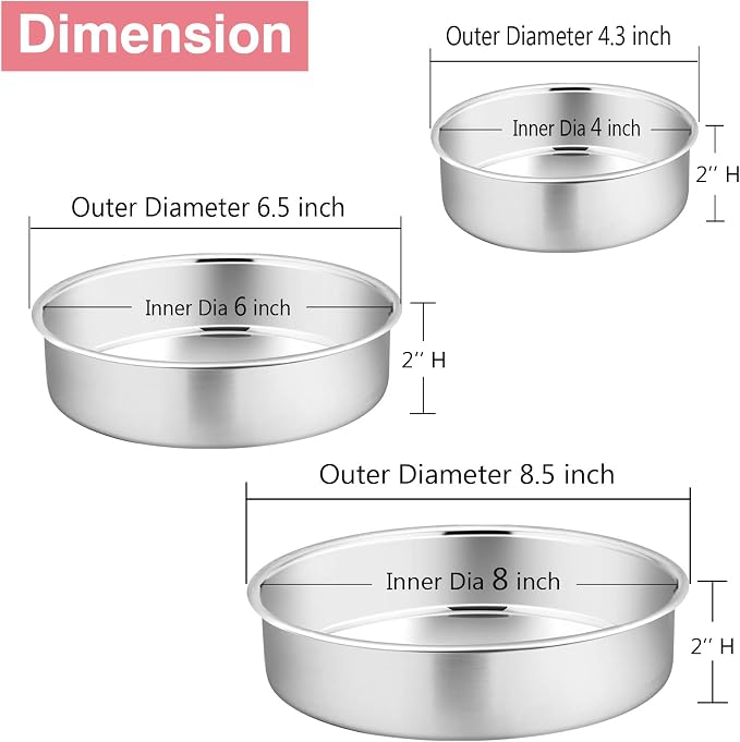 P&P CHEF Cake Pan Set of 3, 4" + 6" + 8" Round Baking Layer Cake Pan Tin | Stainless Steel & Mirror Finish, Bakeware for Birthday Weeding Anniversary, Heavy Duty & Non Toxic, Oven & Dishwasher Safe