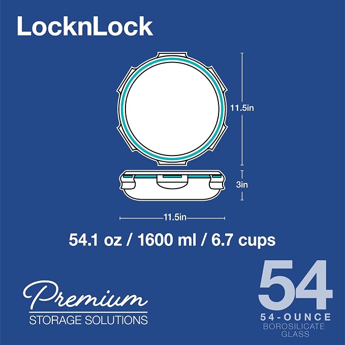 LOCK & LOCK LocknLock Purely Better Glass Round Pie Baking Dish/Food Storage Container with Lid, 9.5 Inch, Clear