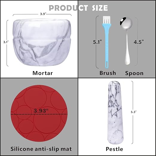 Mortar and Pestle Set Polished Natural Marble Stone Guacamole Molcajete Bowl with Silicone Pad, Stainless Spoon and Small Brush (Small, Light White Gray)