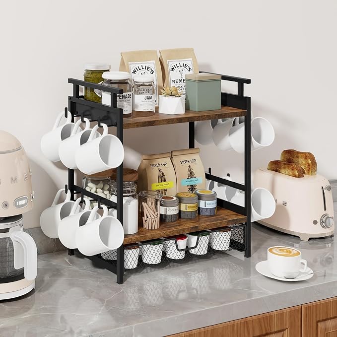 Coffee Bar Organizer for Countertop, Coffee Station Organizer | Coffee Organizer Station with Mug Holder, 3 Tier Coffee Cup Holder with Hooks and Drawer, K Cup Storage, Tea Station Stand