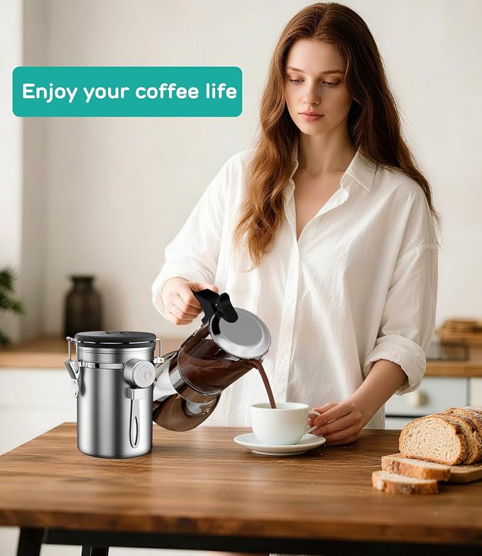 Coffee Gator Coffee Canister, 22oz Airtight Stainless Steel Container | w/ Date Tracker, Scoop,Valve, Kitchen Food Storage Jars for Beans,Ground, Rice, Tea, Sugar, Cookie, Bar Accessories, Silver