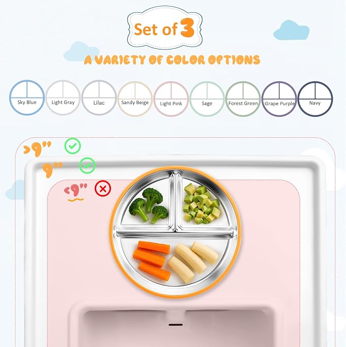 Bakpoco Stainless Steel Suction Plates for Toddlers, 9" Divided Kids Baby Plates with Removable Silicone Suction, Non Toxic Non Slip Portion Control Snack Dishes 3 Packs, Bright Orange/Blue/Green