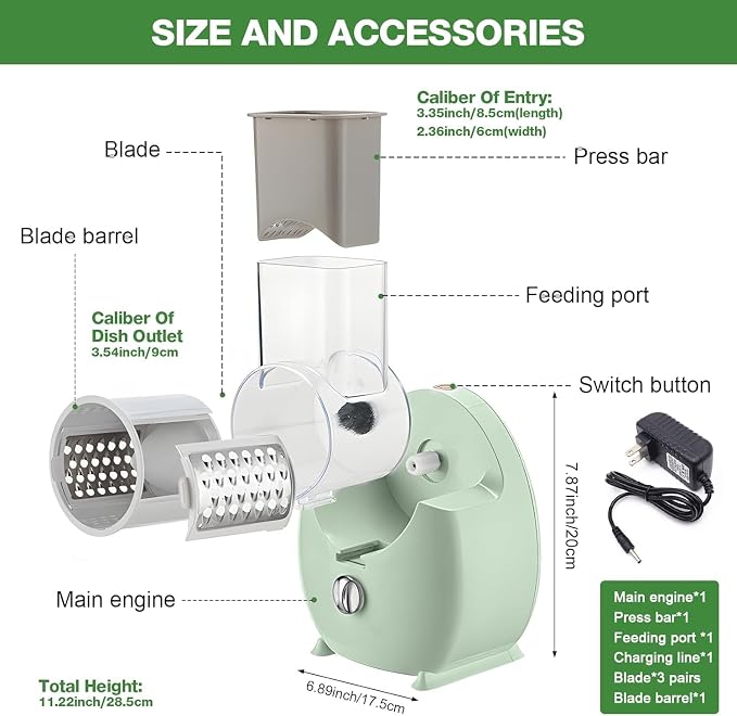 Electric Cheese Grater for Block Cheese - 3 in 1 Rotary Cheese Grater Electric Rotary Grater Salad Shooter Electric Slicer for Cheeses, Fruits, Vegetables and Nuts (Green)