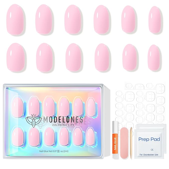 modelones Baby Pink Short Press on Nails, Oval Fake Nails Kit Press Ons | with Nail Glue, Adhesive Tabs, Nail File, Prep Pad, Manicure Stick, 32Pcs 16 Sizes, Summer Women Girl Gift