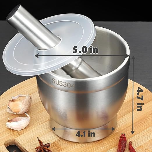 Stainless Steel Mortar and Pestle, 5 Inch Polished Food Crusher with Lid, Heavy Duty Pill Crusher, Non-Slip Base Spice Grinder, Herb Crusher Enhanced Performance