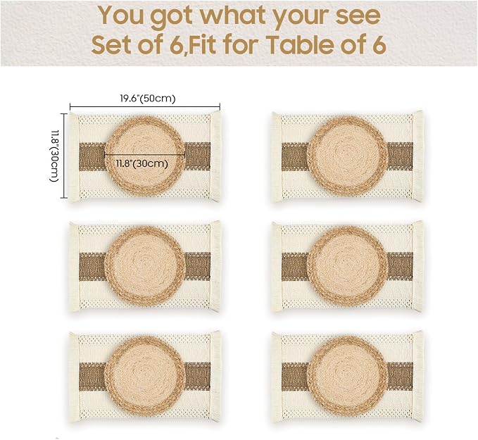 Handmade Boho Placemats Set of 6 - Natural Cotton Burlap and Water Straw Woven Combination Table Mats, Macrame Décor and Farmhouse Style Placemats, for Dining Table Kitchen