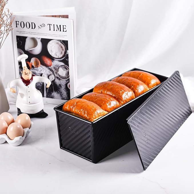 Commercial Pullman Loaf Pan with Lid, 2.2Lb Aluminum Dough Capacity Non-Stick Rectangle Corrugated Bread Toast Mold with Cover for Baking Bread (Black)