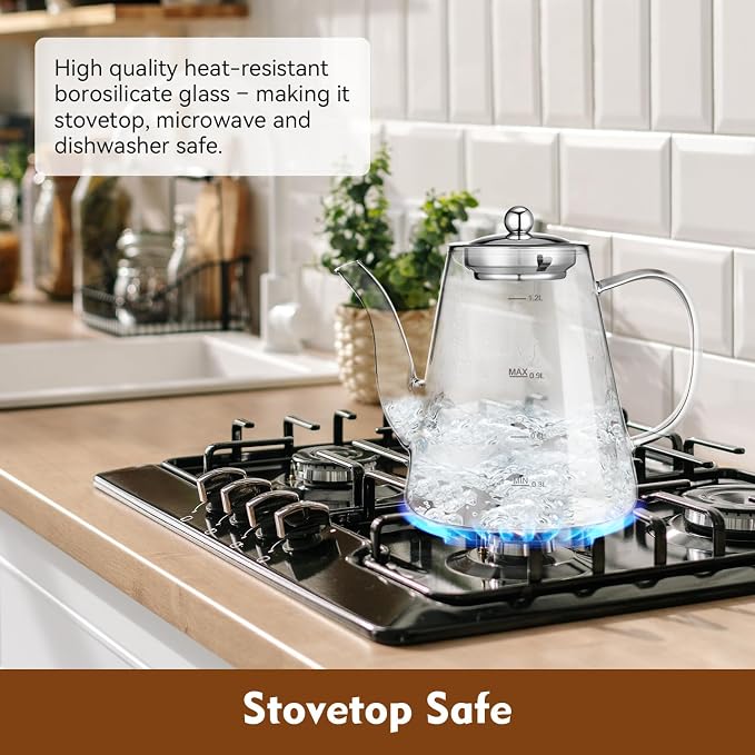 Glass Teapot, 1200ml (40oz) Tea Pot with Infuser for Loose Tea and Blooming Tea, Stovetop Safe Tea Kettle, Hand Crafted Borosilicate Glass Tea Maker with Scale Line, Tea Gift Set for Tea Lovers