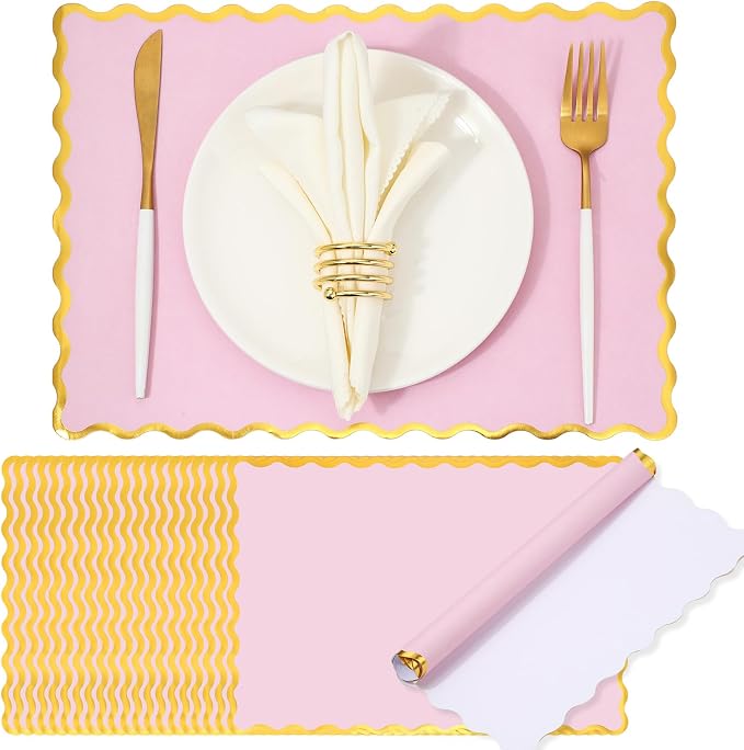 FoldTier 150 Pcs Disposable Paper Placemats Bulk 10"x14" Rectangle Place Mats with Scalloped Edges Dining Table Mat for Wedding Birthday Party Table Decoration(Pink)