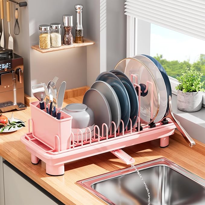 Small Dish Drying Rack, Stainless Steel with Drain Board & Utensil Holder | Anti-Scratch Base, Space Saving Design for Kitchen Counter, Pink
