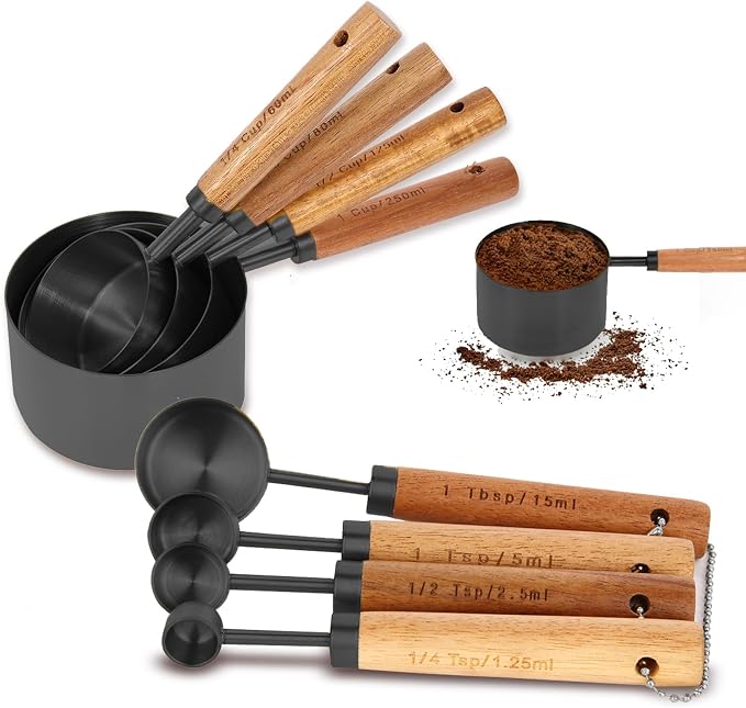 Measuring Cups and Spoons Set with Fragrant Wood Handles, Microwave safe | Premium Stainless Steel, Dishwasher safe, Precision Measuring Cup Set for the Kitchen Enthusiast , 8 Piece (Black)