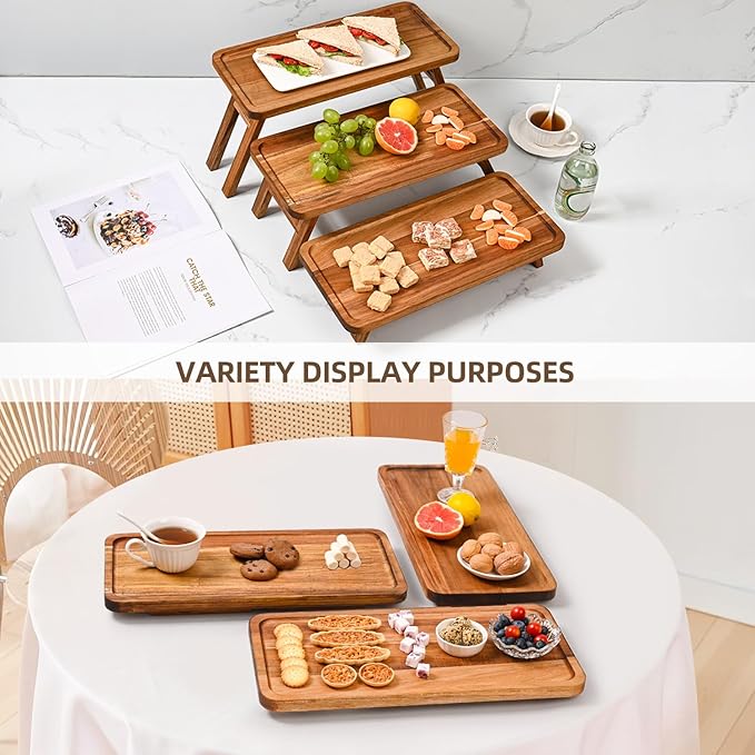 GEHE 3 Tier Serving Tray Acacia Wooden Tiered Tray Stand Foldable Dessert Table Display Set Decor Charcuterie Boards for Party, Birthday, Wedding, Christmas