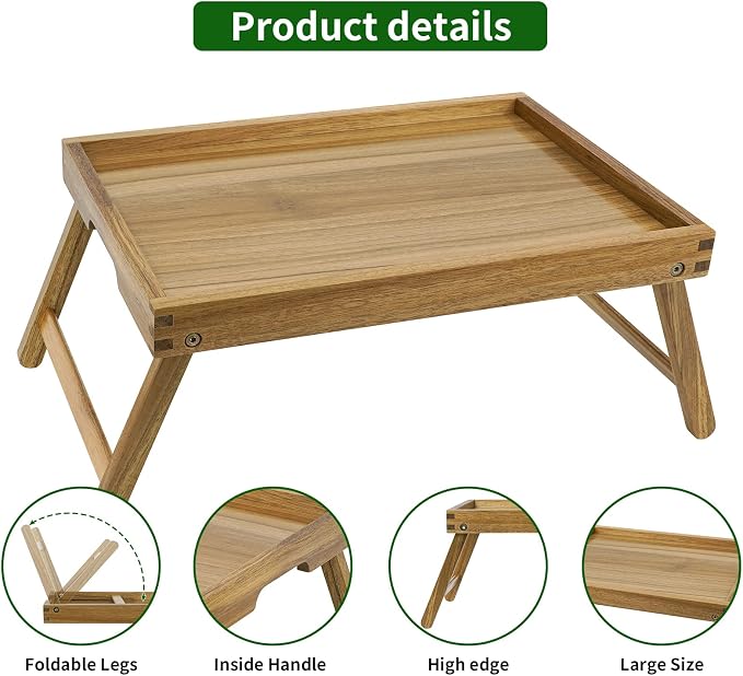 VaeFae Acacia Bed Table, Wooden Breakfast Bed Tray with Folding Legs | Bed Trays for Eating and Laptop, Eating Trays for Bedroom, Sofa