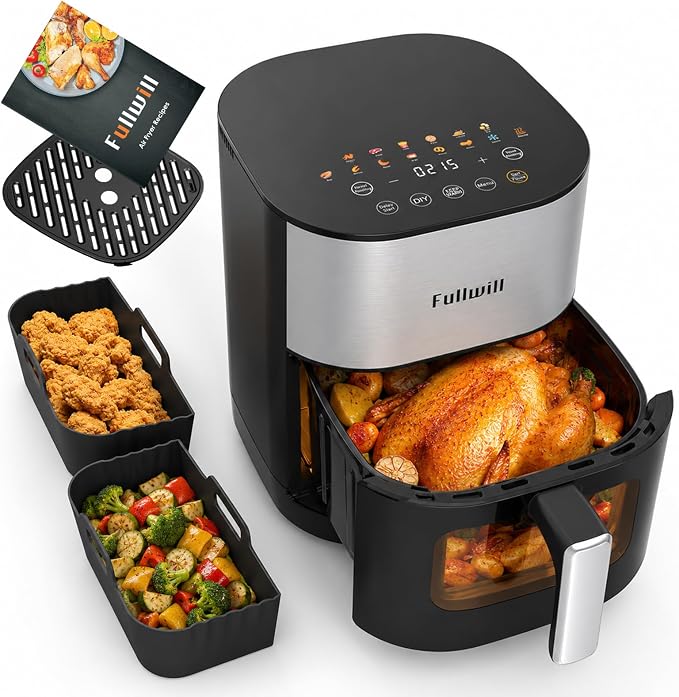 Fullwill 6QT Air Fryer, Viewing Window, Dual Heating, 2 Silicone Liners | 1700W Power; Touch Presets + DIY Mode; 392°F Max Heat; PFOA-Free Nonstick Basket; Dishwasher-Safe Parts