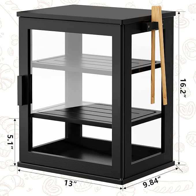 WOWLIVE Bread Box for Kitchen Countertop, 3 Layers Bread Storage Container | Large Bamboo Bread Bin for Homemade Bread with Window, Farmhouse Breadbox Organizer for Kitchen, Cabinet, Black, Meduim