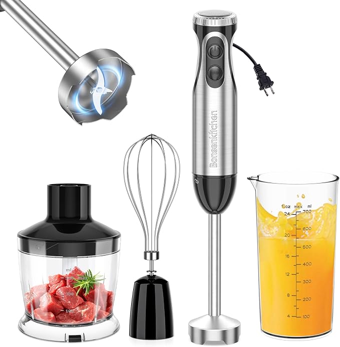 Bonsenkitchen Immersion Blender with Food Processor, 20 Speeds & Turbo Mode | 4-in-1 Emulsion Hand Blender, Egg Whisk, 24 oz Beaker & Chopper Bowl, Portable Hand Mixer for Smoothie, Soup, Baby Food