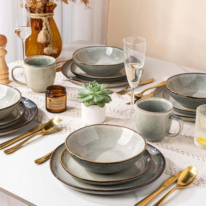 AmorArc Ceramic Dinnerware Sets for 6, 18Pcs Plates and Bowls Sets Dishes | Stoneware Handmade Reactive Glaze Dinner Set, Highly Scratch Resistant | Dishwasher & Microwave Safe Dishware