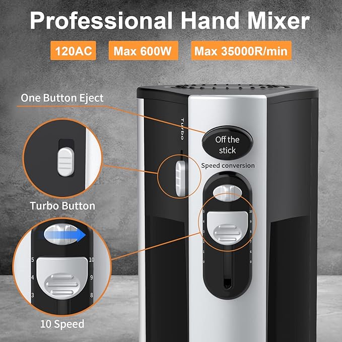 600W Powerful Hand Mixer Electric 10 Speed Powerful with Turbo | Kitchen Handheld Mixer for Baking Cake Lightweight & Personal with Egg Baking Beaters Dough Hooks, Whipping Mixing Cookies