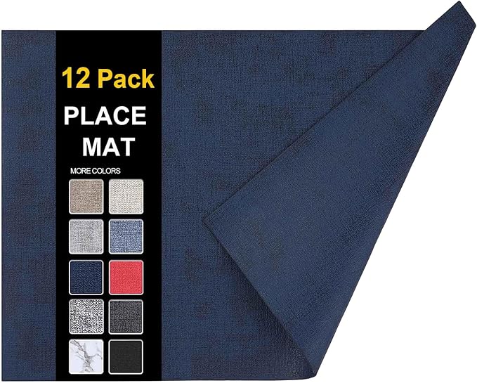 Faux Leather Heat Resistant Placemats 12 Packs, Waterproof Wipeable Dining PU Place Mats for Indoor & Outdoor, Easy to Clean, Dark Navy Blue