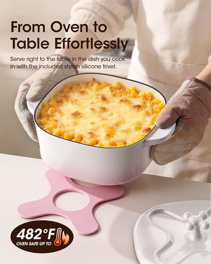 5 Qt Enameled Cast Iron Dutch Oven with Lid, Cream Pink White | 6-Layer Nonstick Enamel, Extra Capacity Oval Design, Heavy Self-Basting Lid, Heat-Resistant Silicone Pad Included