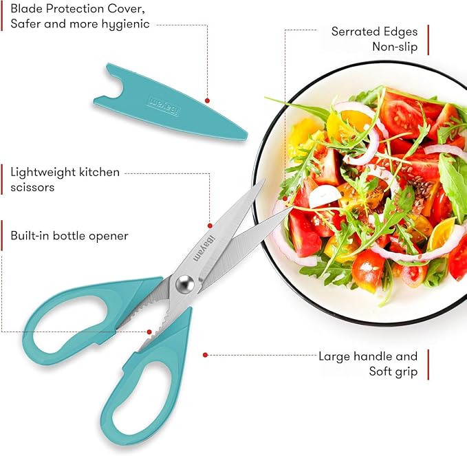 Small Kitchen Scissors 8-inch, iBayam 2 Pack Kitchen Shears All Purpose | Meat Scissors Poultry Shears, Dishwasher Safe Food Cooking Scissors Heavy Duty Stainless Steel Utility (Black, Aqua Sky)