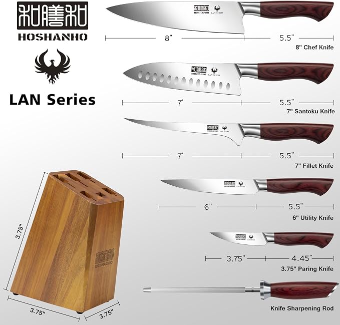 HOSHANHO 7PCS Kitchen Knife Set with Block, Sharp Chef Knives & Sharpener | High-Carbon Stainless Steel Cooking Knife Set, Ultra Sharp Professional Knife Set with Ergonomic Wood Handle, Ideal Home Gift