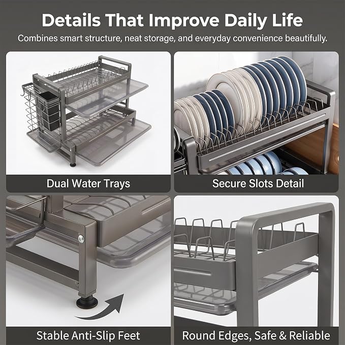 Dish Drying Rack for Kitchen Counter, Sink Storage Essentials, Home and Apartment Decor, Gray, 2-Tier Carbon Steel, Including Knife Holder, Utensil Holder, Cutting Board Stand